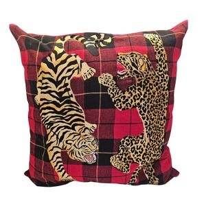 Williams Sonoma Home Tiger Leopard Embroidered Plaid Throw Pillow Red Black 22"